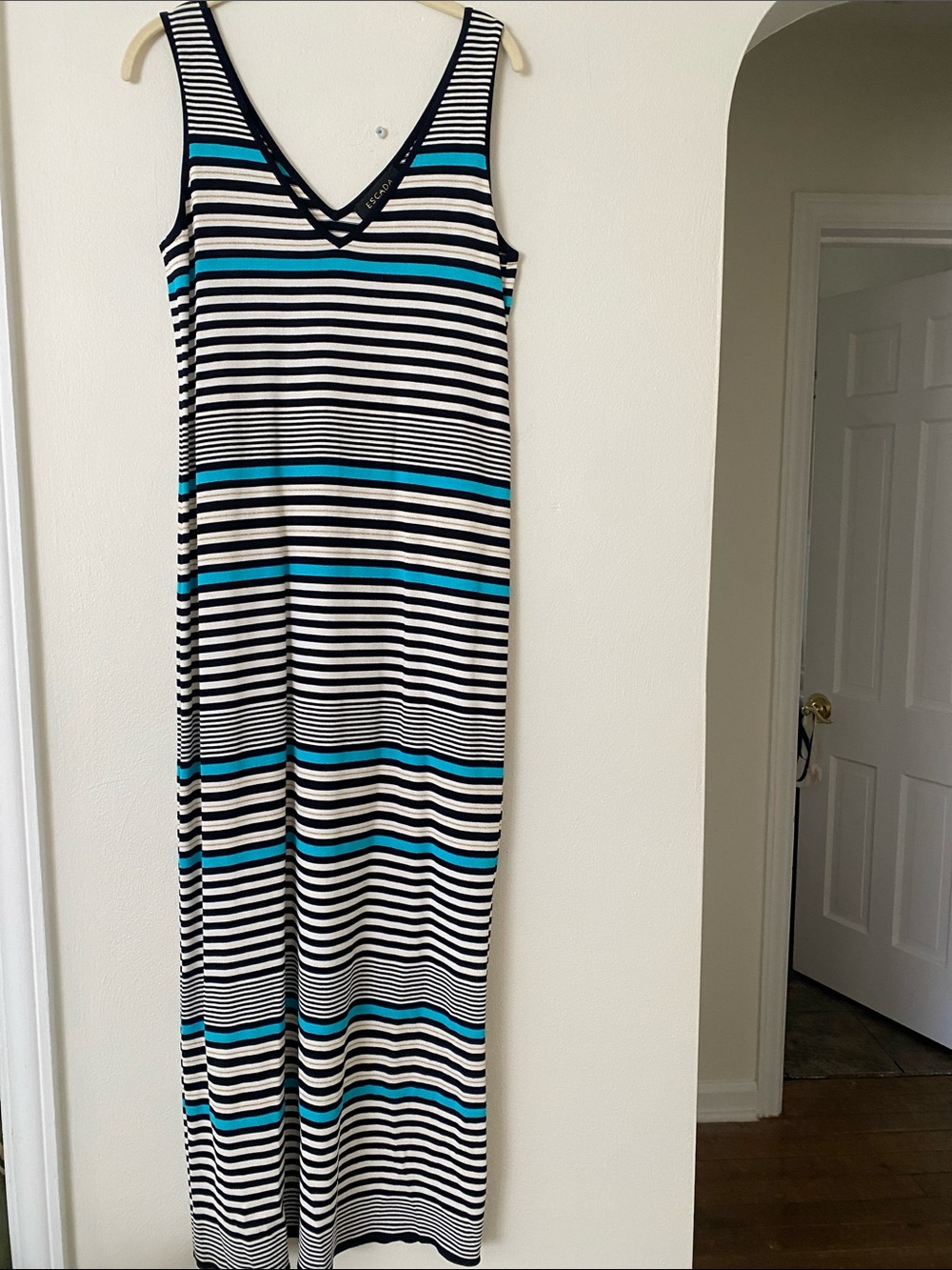 Escada Sleeveless Striped V-Neck Maxi Dress in Black, White & Teal